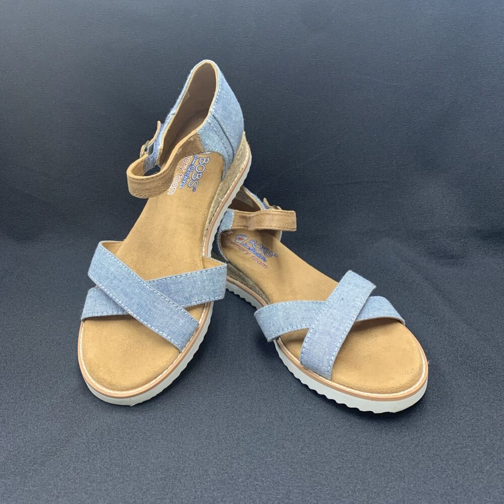 BOBS Skechers Espadrille Wedge Sandals 8.5 Blue Denim Desert Kiss Comfort Boho